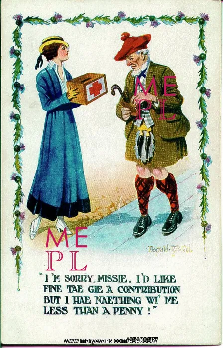 : Comic postcard, Scotsman avoids charity box : Comic postcard, Scotsman avoids charity box
