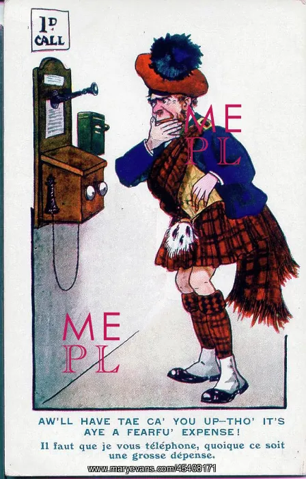 : Comic postcard, Scotsman considers making phone call : Comic postcard, Scotsman considers making phone call