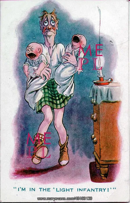 : Comic postcard, Scotsman with two crying babies, WW1 : Comic postcard, Scotsman with two crying babies, WW1