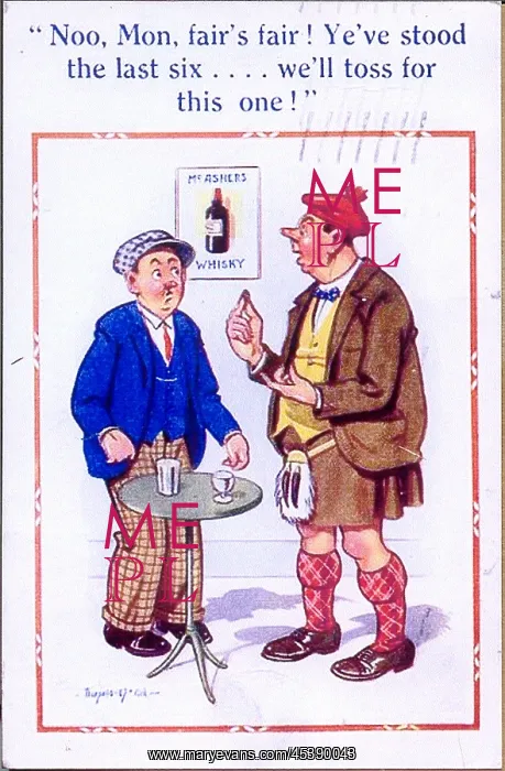 : Comic postcard, Scotsman drinking in a pub : Comic postcard, Scotsman drinking in a pub
