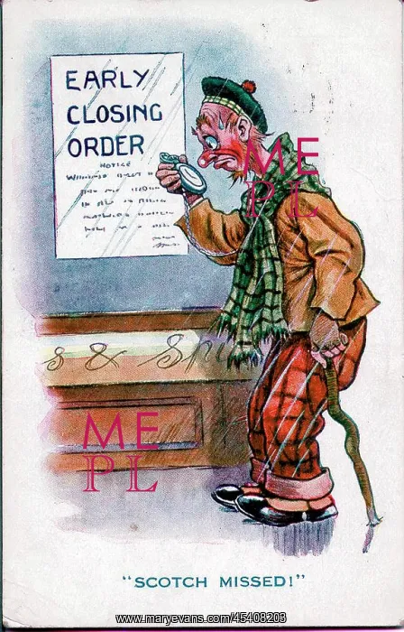 : Comic postcard, Scotsman finds pub closed early : Comic postcard, Scotsman finds pub closed early