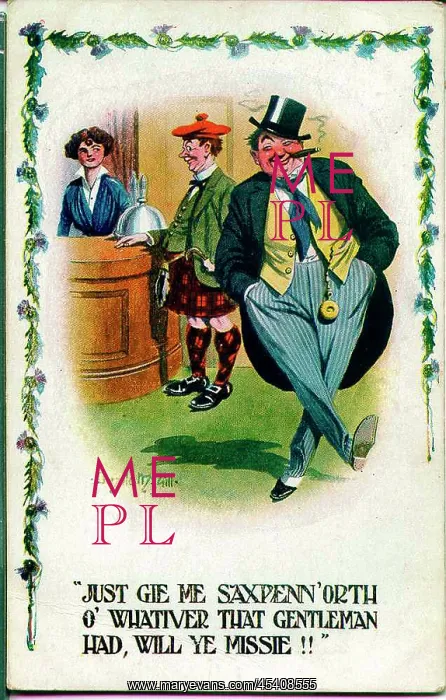: Comic postcard, Scotsman orders drink in pub : Comic postcard, Scotsman orders drink in pub