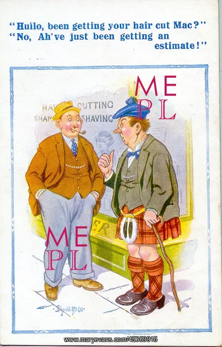 : Comic postcard, Scotsman outside barber's shop : Comic postcard, Scotsman outside barber's shop