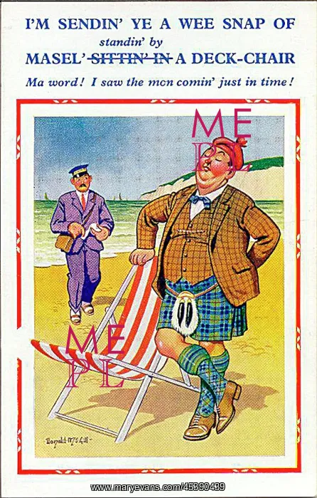 : Comic postcard, Scotsman stands by his deckchair : Comic postcard, Scotsman stands by his deckchair