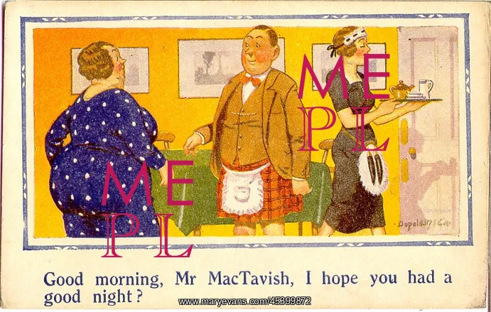 : Comic postcard, Scotsman and waitress at hotel : Comic postcard, Scotsman and waitress at hotel