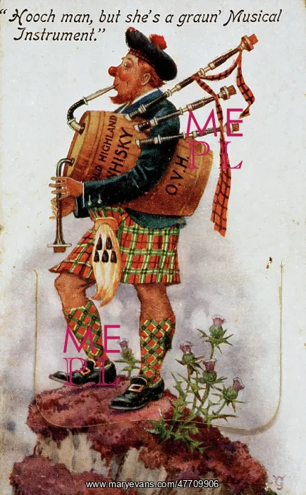  : Comic postcard, Scotsman with whisky barrel bagpipes