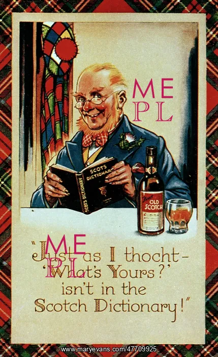 : Comic postcard, Scotsman with whisky and Scots dictionary : Comic postcard, Scotsman with whisky and Scots dictionary