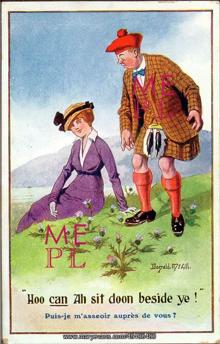 : Comic postcard, Scotsman and woman with thistles : Comic postcard, Scotsman and woman with thistles