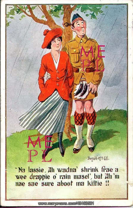 : Comic postcard, Scotsman and young woman in rain : Comic postcard, Scotsman and young woman in rain
