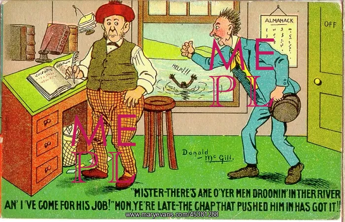 : Comic postcard, Two Scotsmen in an office, job vacancy : Comic postcard, Two Scotsmen in an office, job vacancy