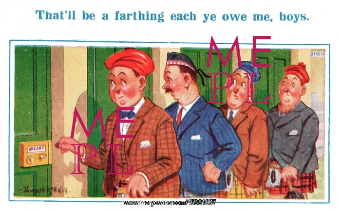 : Comic postcard, four Scotsmen spending a penny : Comic postcard, four Scotsmen spending a penny