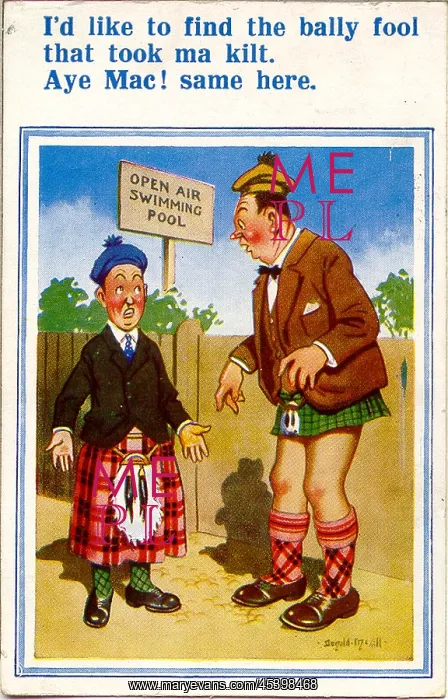 : Comic postcard, Scotsmen wearing wrong kilts : Comic postcard, Scotsmen wearing wrong kilts