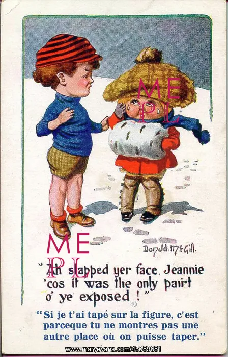 : Comic postcard, Scottish boy and girl in the snow : Comic postcard, Scottish boy and girl in the snow
