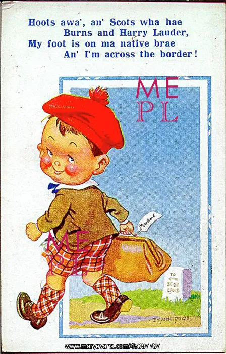 : Comic postcard, Scottish boy happy to be back in Scotland : Comic postcard, Scottish boy happy to be back in Scotland