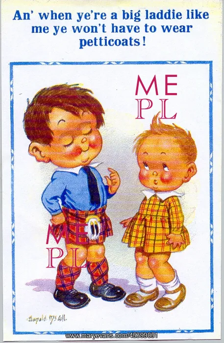 : Comic postcard, Scottish boy in a kilt : Comic postcard, Scottish boy in a kilt