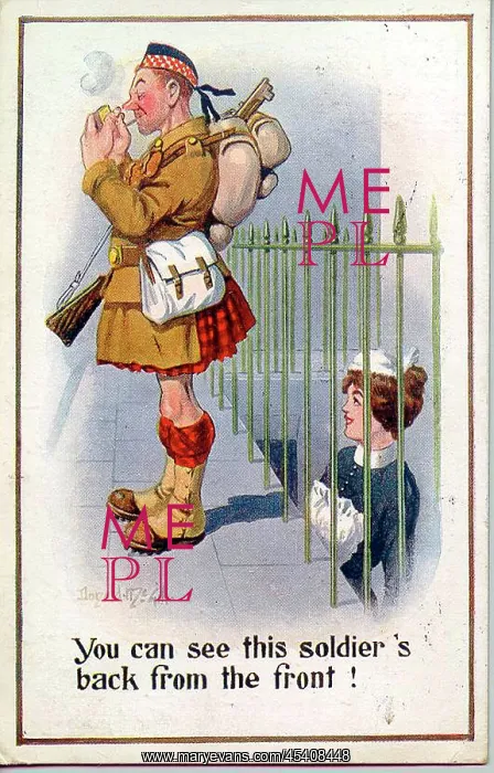 : Comic postcard, Scottish soldier in the British Army, WW1 : Comic postcard, Scottish soldier in the British Army, WW1