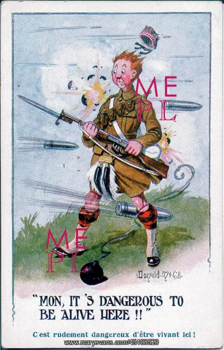 : Comic postcard, Scottish soldier on Western Front, WW1 : Comic postcard, Scottish soldier on Western Front, WW1