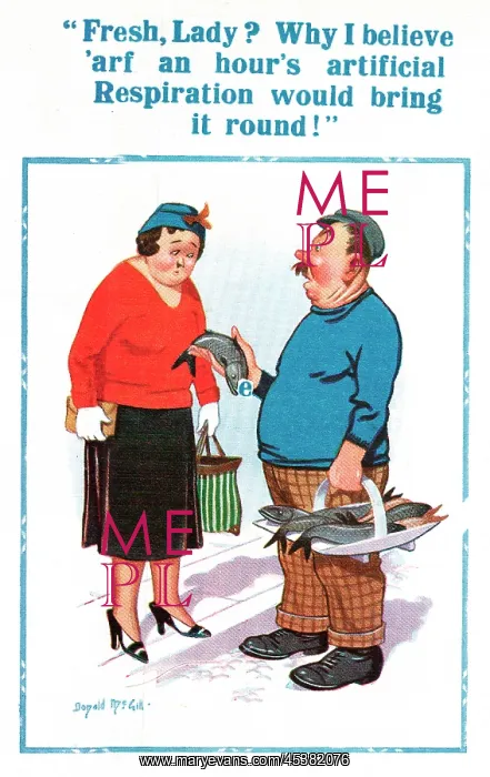 : Comic postcard, selling fresh fish : Comic postcard, selling fresh fish