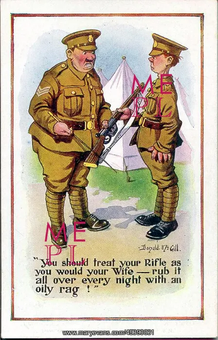 : Comic postcard, Sergeant and soldier in army camp, WW1 : Comic postcard, Sergeant and soldier in army camp, WW1
