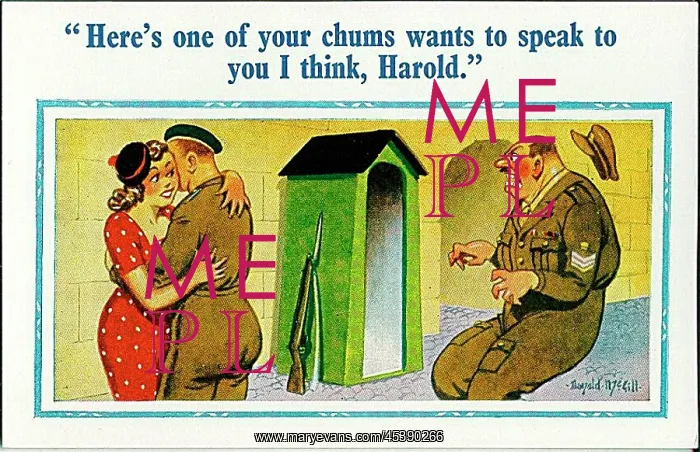 : Comic postcard, Sergeant, soldier and pretty woman, WW2 : Comic postcard, Sergeant, soldier and pretty woman, WW2