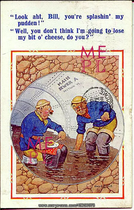 : Comic postcard, Sewage workers break for lunch : Comic postcard, Sewage workers break for lunch