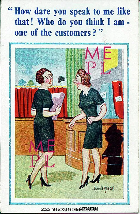 : Comic postcard, Two shop assistants : Comic postcard, Two shop assistants