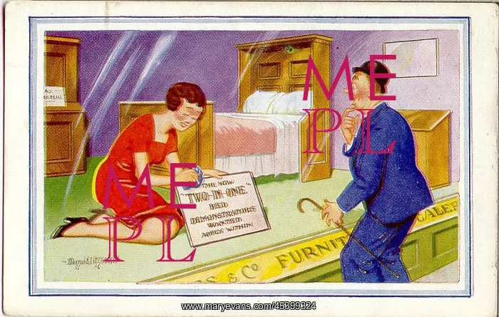 : Comic postcard, Shop window display with bed : Comic postcard, Shop window display with bed