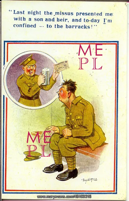 : Comic postcard, Soldier confined to barracks, WW2 : Comic postcard, Soldier confined to barracks, WW2