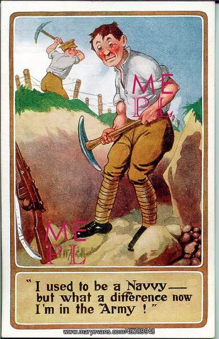 : Comic postcard, Soldier digging a trench, WW1 : Comic postcard, Soldier digging a trench, WW1
