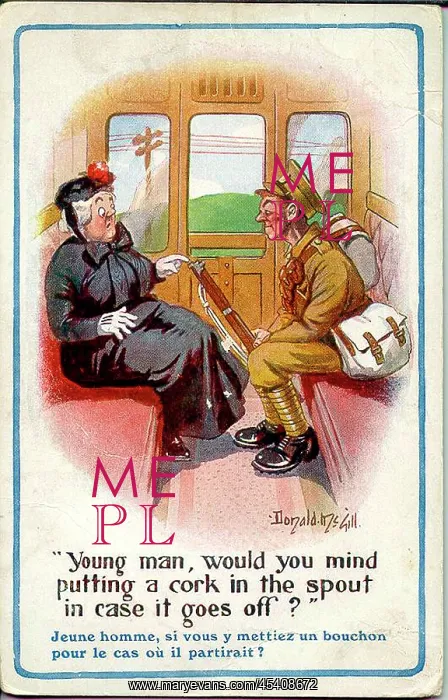: Comic postcard, Soldier and elderly woman on train, WW1 : Comic postcard, Soldier and elderly woman on train, WW1