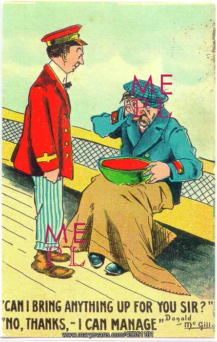 : Comic postcard, Steward and sick man on board ship : Comic postcard, Steward and sick man on board ship