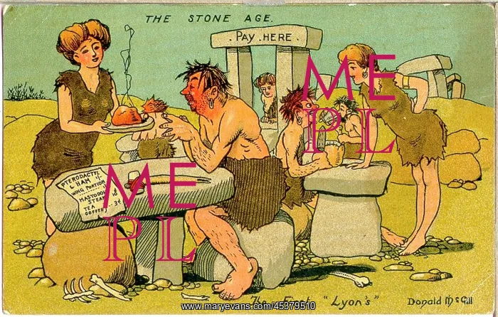 : Comic postcard, Stone Age Lyon's Cafe : Comic postcard, Stone Age Lyon's Cafe