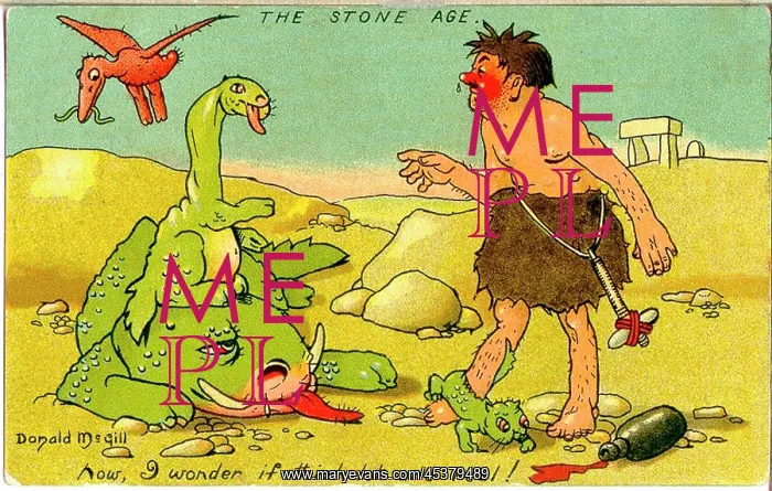 : Comic postcard, Stone Age man with animals : Comic postcard, Stone Age man with animals