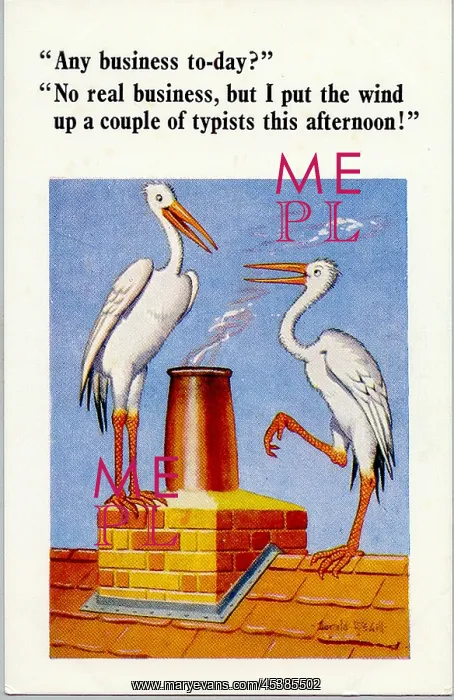 : Comic postcard, two storks on a roof : Comic postcard, two storks on a roof