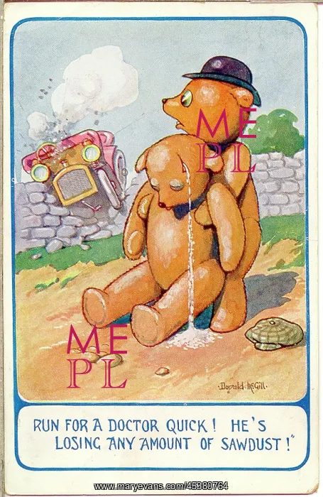 : Comic postcard, Teddy bear in car accident : Comic postcard, Teddy bear in car accident