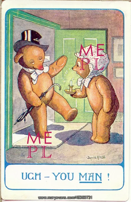 : Comic postcard, Teddy bear comes home drunk : Comic postcard, Teddy bear comes home drunk
