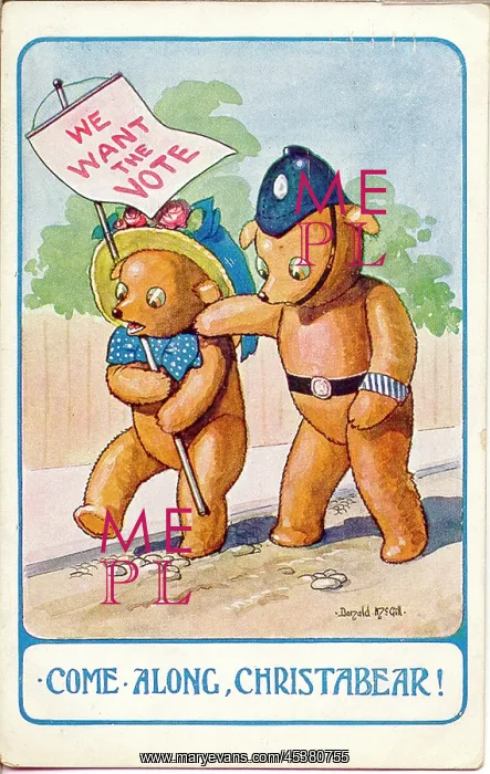 : Comic postcard, Teddy bear suffragette and policeman : Comic postcard, Teddy bear suffragette and policeman