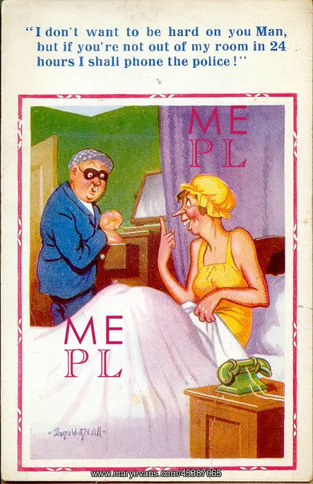 : Comic postcard, Thief in woman's bedroom : Comic postcard, Thief in woman's bedroom