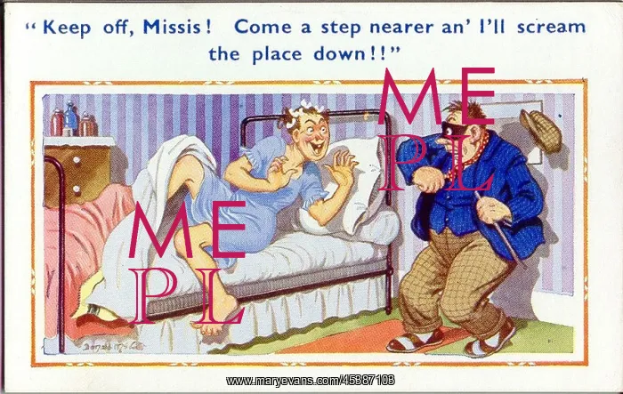 : Comic postcard, Thief in woman's bedroom : Comic postcard, Thief in woman's bedroom