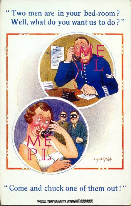 : Comic postcard, Two thieves in woman's bedroom : Comic postcard, Two thieves in woman's bedroom