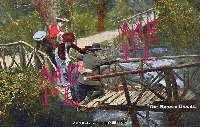 : Comic Postcard - unfolding drama on the broken bridge : Comic Postcard - unfolding drama on the broken bridge