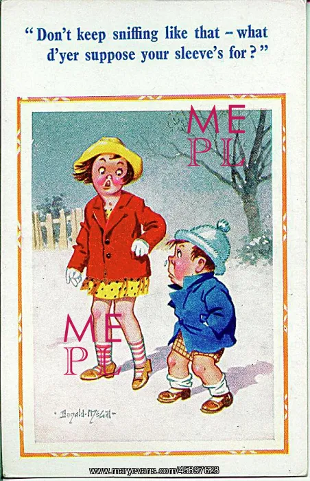 : Comic postcard, Unhappy girl and boy in the snow : Comic postcard, Unhappy girl and boy in the snow
