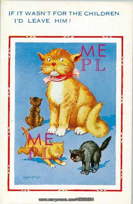 : Comic postcard, Unhappy mother cat with kittens : Comic postcard, Unhappy mother cat with kittens