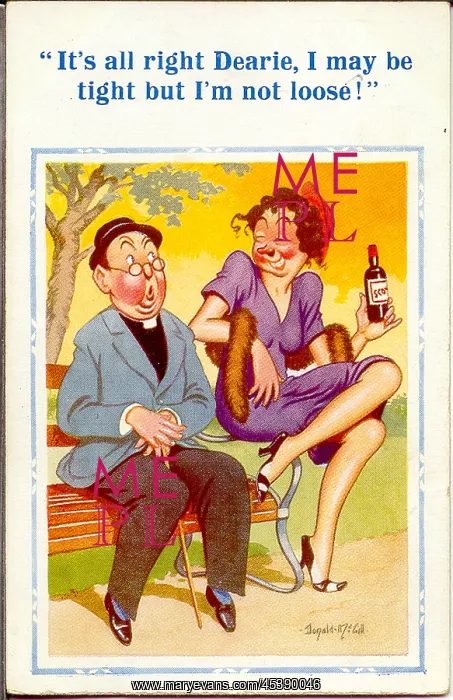 : Comic postcard, Vicar and drunk woman in park : Comic postcard, Vicar and drunk woman in park