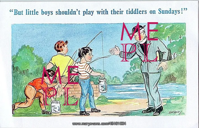 : Comic postcard, Vicar speaks to three boys fishing : Comic postcard, Vicar speaks to three boys fishing