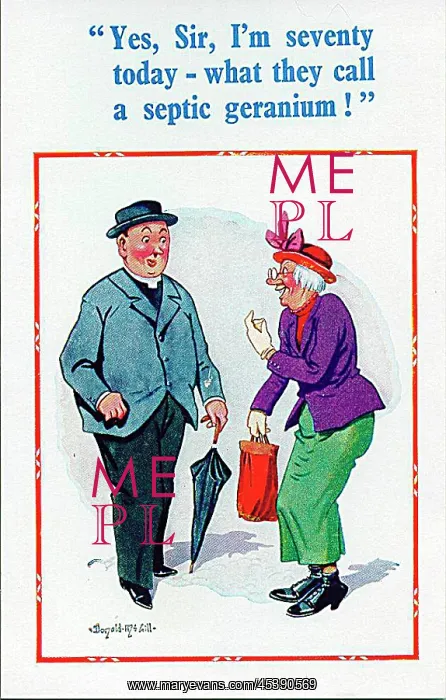 : Comic postcard, Vicar and woman chat in the street : Comic postcard, Vicar and woman chat in the street