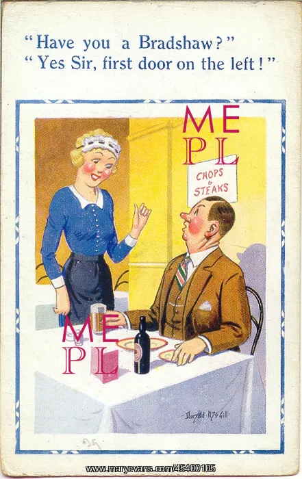 : Comic postcard, Waitress answering man's question : Comic postcard, Waitress answering man's question