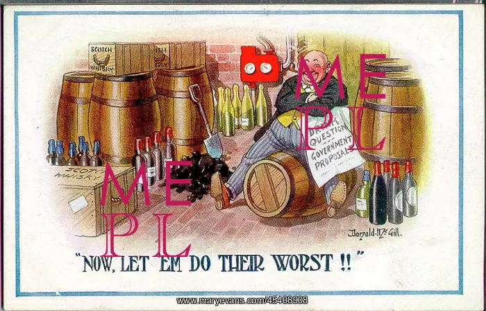  : Comic postcard, wartime alcohol and fuel restrictions, WW1