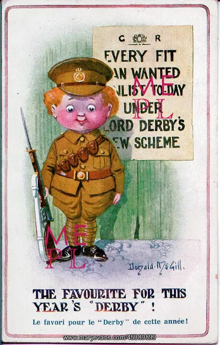 : Comic postcard, wartime recruitment, Derby Scheme, WW1 : Comic postcard, wartime recruitment, Derby Scheme, WW1