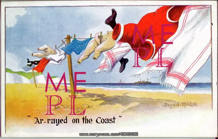 : Comic postcard, Washing line on the beach, WW1 : Comic postcard, Washing line on the beach, WW1